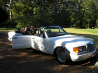 Photo: Ray Pasnen and Ian Leaning in a limo in Margaret River, Western Australia.
