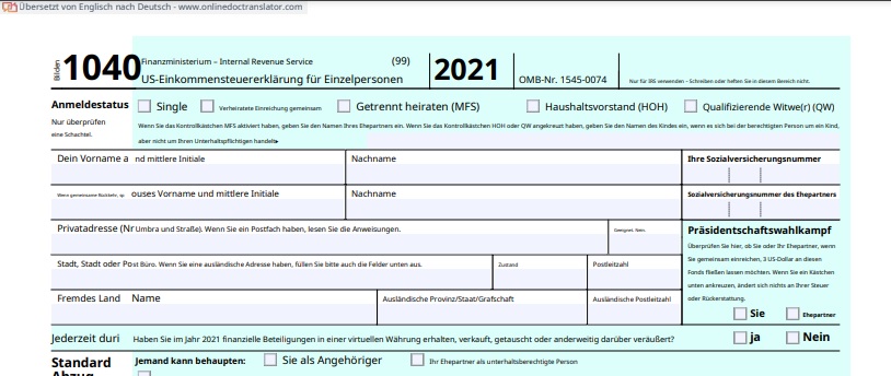 German translation of the IRS Form 1040